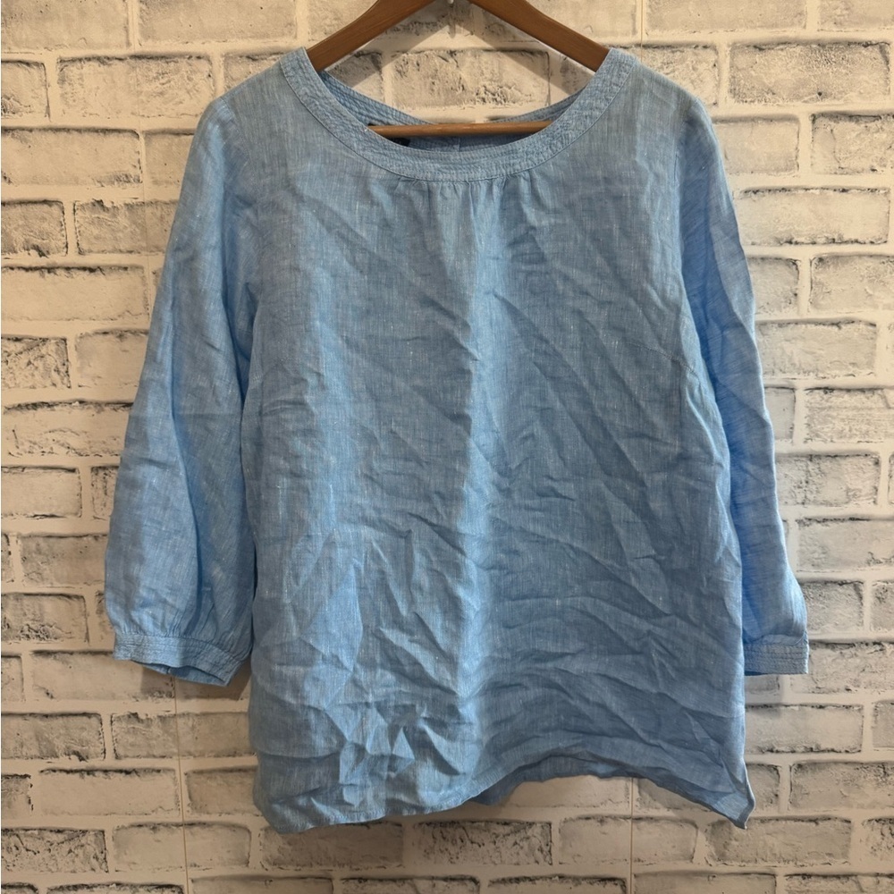 Women’s Talbots 100% linen~ blue 3/4 sleeve button back blouse Large - Picture 2 of 5